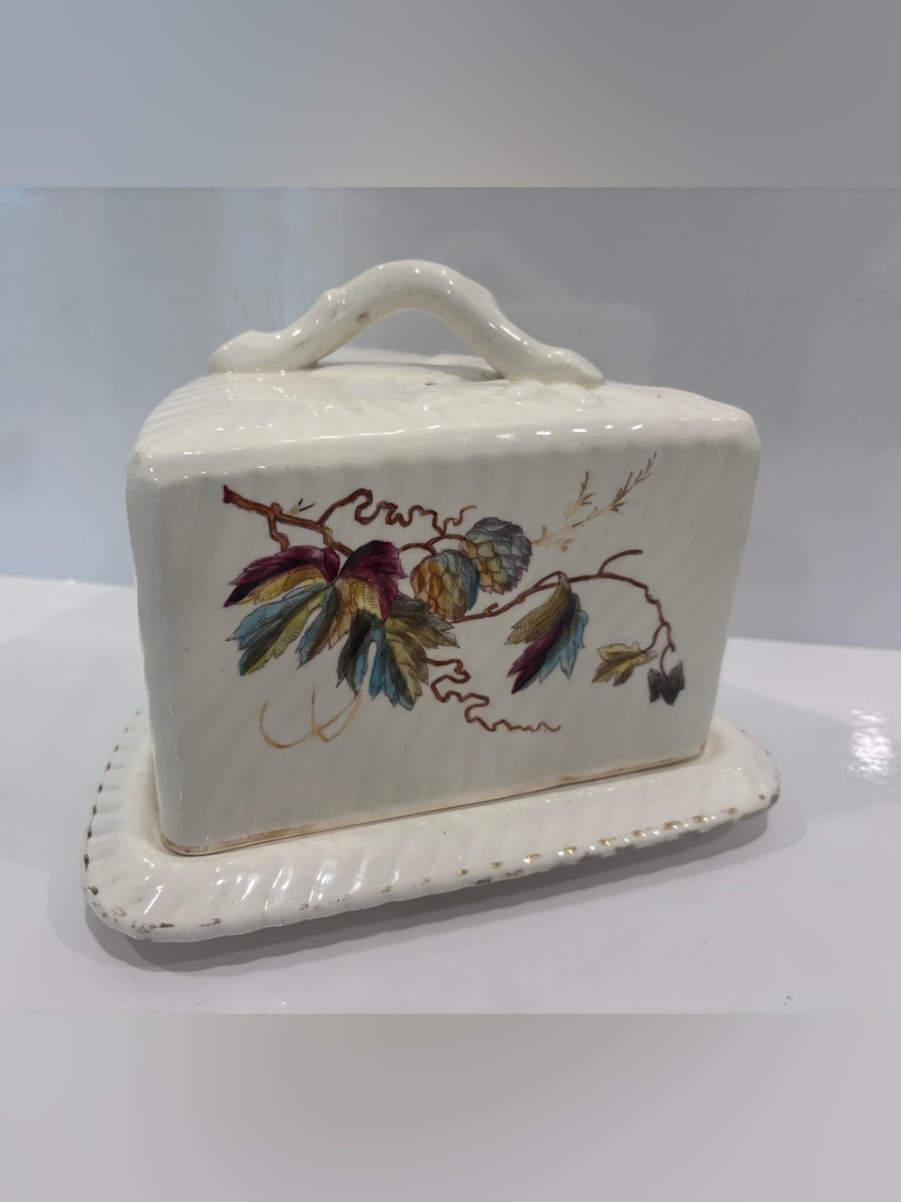 Vintage French faience triangular cheese keeper covered cheese dome vine motif